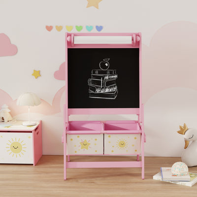 AIYAPLAY Art Easel for Kids, Double-Sided Whiteboard/Blackboard with Paper Roll, Two Storage Boxes, for Ages 3-8 Years, Pink 