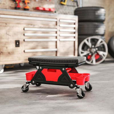 HOMCOM Rolling Mechanic Stool, 135kg Capacity Workshop Stool, 360° Swivel Roller Padded Creeper Seat with Wheels, Slide Out Tool Trays and Drawer for Garage, Shop, Auto Repair, Black 