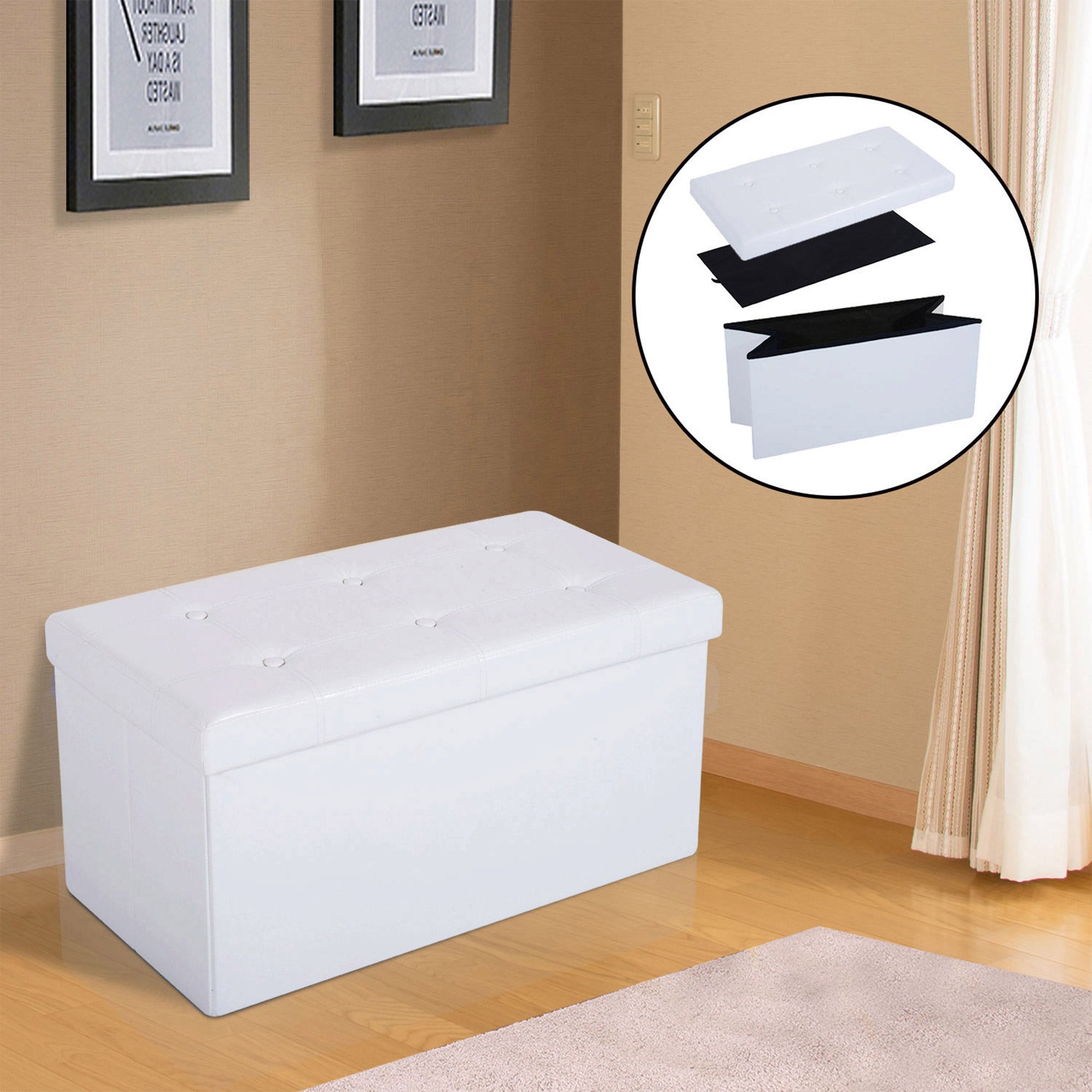HOMCOM Folding Faux Leather Storage Cube Ottoman Bench Seat PU Rectangular Footrest Stool Box (Cream White) 