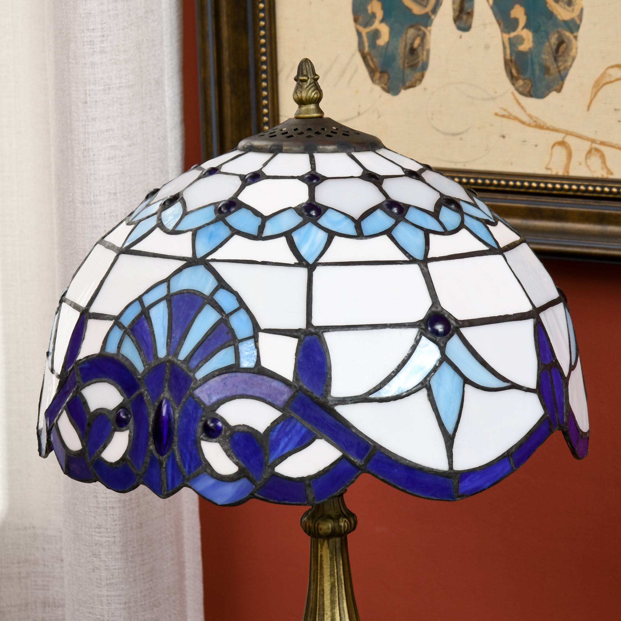 HOMCOM Stained Glass Table Lamp, Handmade Antique Bedside Lamp for Bedroom, Living room, Home, Nightstand, Decorative Night Light, Blue 