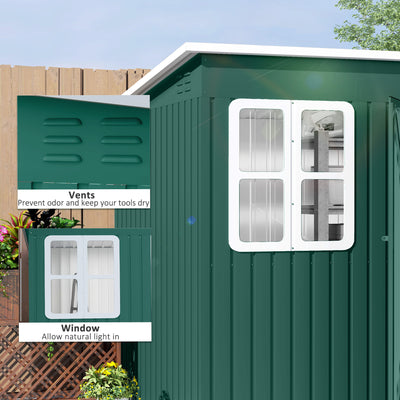 Outsunny 8.5 x 6ft Storage Shed Galvanised Steel Garden Shed, Metal Shed with Foundation Kit, Window, Lockable Wide Doors and Air Vents for Outdoor Patio, Green 