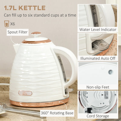 HOMCOM Kettle and Toaster Sets, 3000W 1.7L Rapid Boil Kettle & 4 Slice Toaster with 7 Browning Controls, Defrost, Reheat and Crumb Tray, Otter thermostat, Cream White 