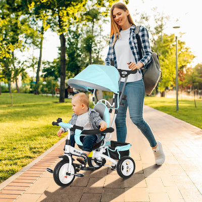 HOMCOM 6 in 1 Kids Trike Push Bike w/ Push Handle, Canopy, 5-point Safety Belt, Storage, Footrest, Brake, for 1-5 Years, Green 