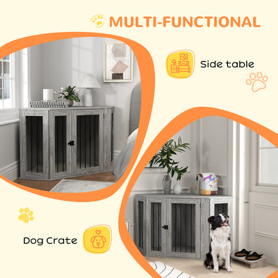 PawHut 2 in 1 Dog Crate Furniture Side Table, with Cushion, 122 x 61 x 71cm - Grey 