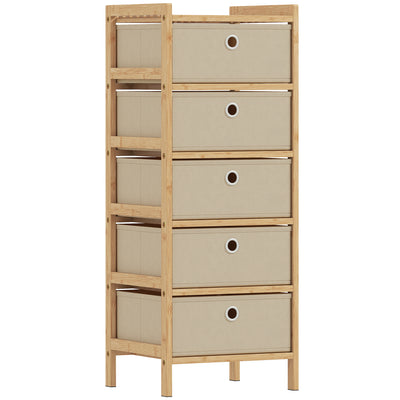 HOMCOM Chest of Drawers, 5 Fabric Drawers Narrow Dresser with Bamboo Frame, Cream White 