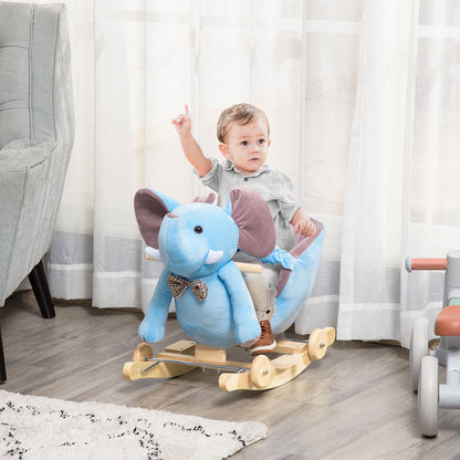 HOMCOM 2 In 1 Plush Baby Ride on Rocking Horse Elephant Rocker with Wheels Wooden Toy for Kids 32 Songs for 18+ Months (Blue) 