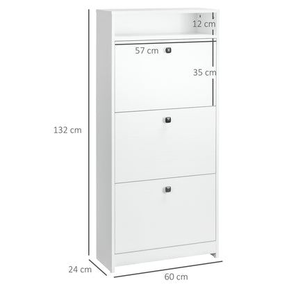 HOMCOM Narrow Shoe Cabinet with 3 Flip Doors, 14-18 Pairs Shoe Cupboard with Open Shelf for Slim Hallway and Entryway, 24 x 60 x 132 cm, White 