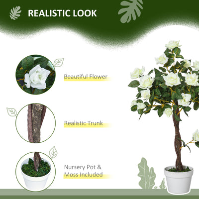 Outsunny Set of 2 Artificial Plants White Rose Floral in Pot, Fake Plants for Home Indoor Outdoor Decor, 90cm 