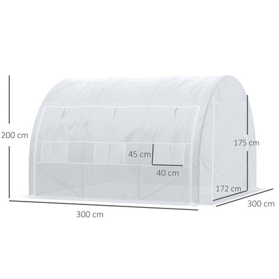 Outsunny 3 x 3 x 2 m Polytunnel Greenhouse with Roll-up Side Walls, Walk-in Grow House Tent with Steel Frame, Reinforced Cover, Zipped Door and 6 Mesh Windows for Garden, White 