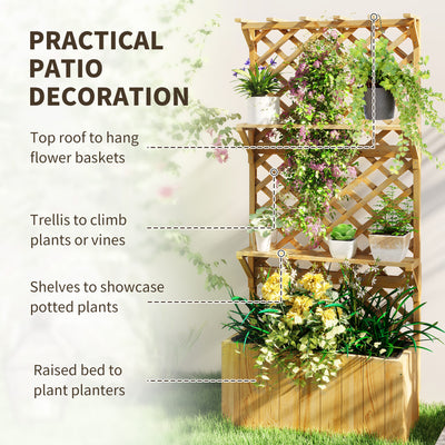 Outsunny 52L Wooden Planter, with Trellis and Shelves - Natural Finish 