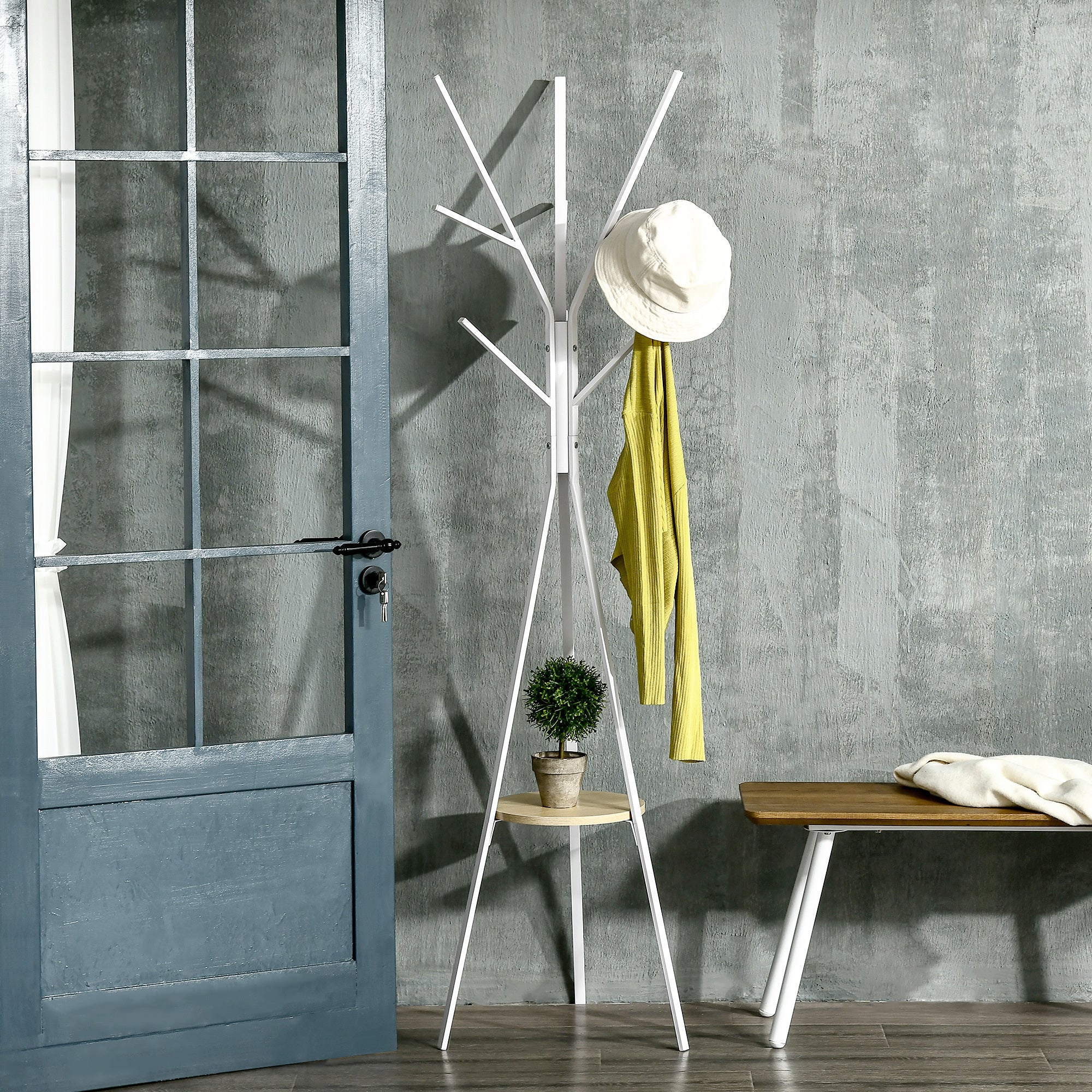 HOMCOM Freestanding Metal Coat Rack Stand 9 Hooks Clothes Tree with 1 Shelf Hat Display Hall Tree Hanger Bag Umbrella Hanging Organiser White 