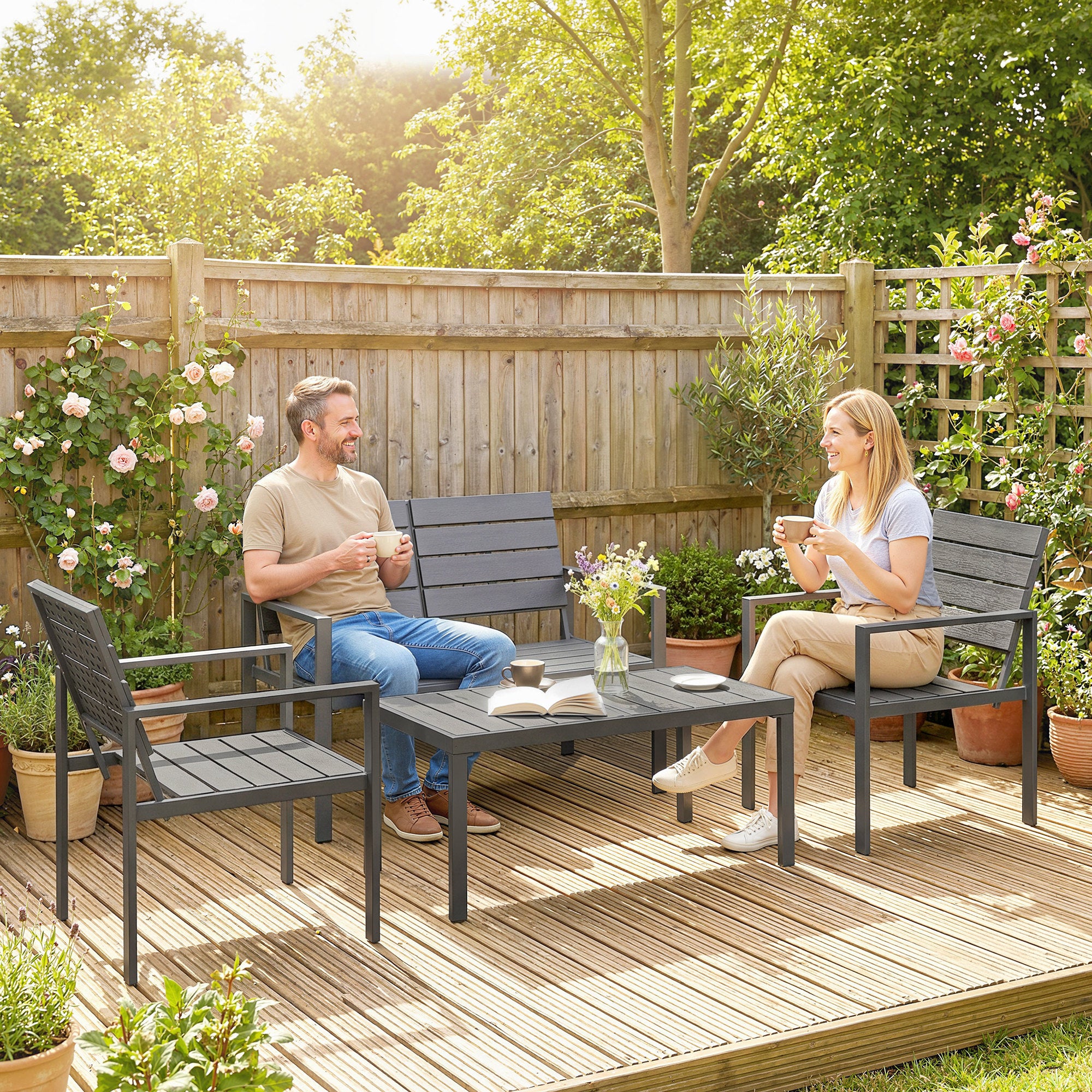Outsunny 4 Piece Garden Furniture Set, Outdoor Sofa Set with HDPE Slatted Loveseat Armchairs Coffee Table Metal Frame, Dark Grey 