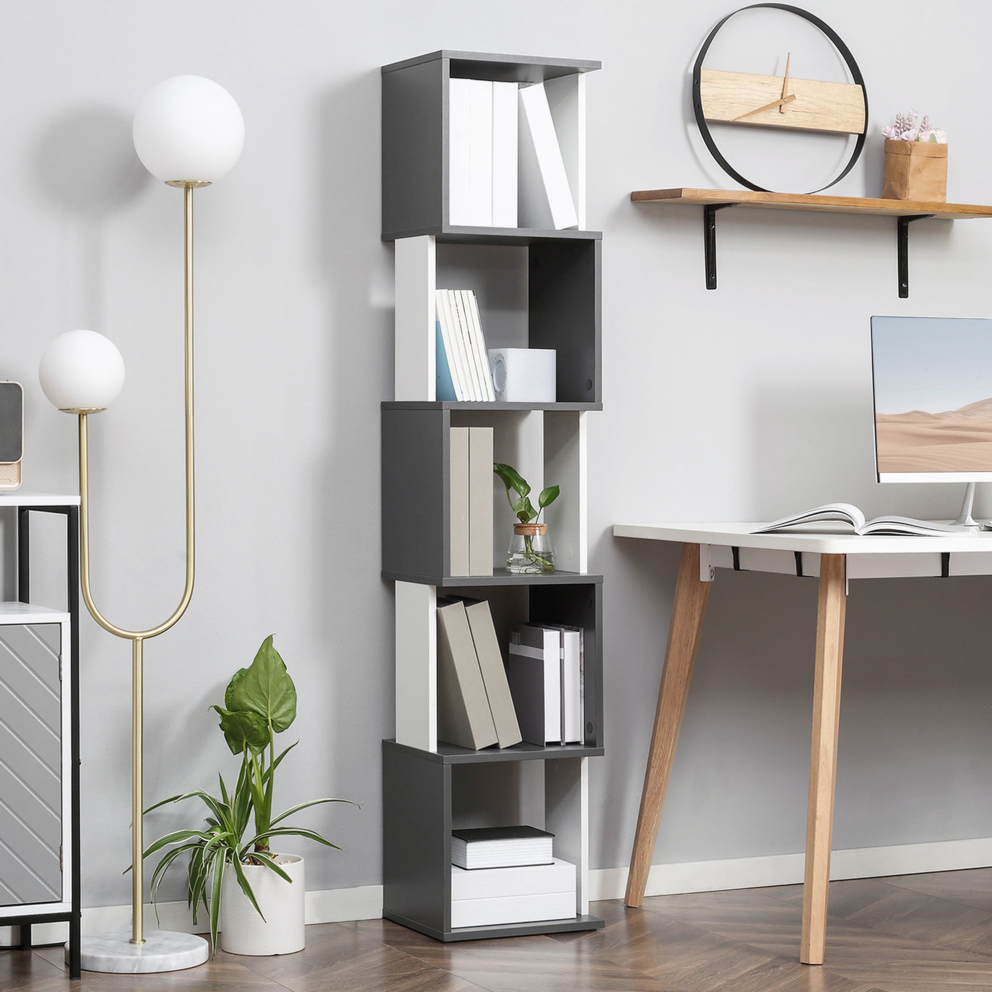 HOMCOM Modern 5-Tier Bookshelf, Freestanding Bookcase Storage Shelving for Living Room Home Office Study, White and Dark Grey 