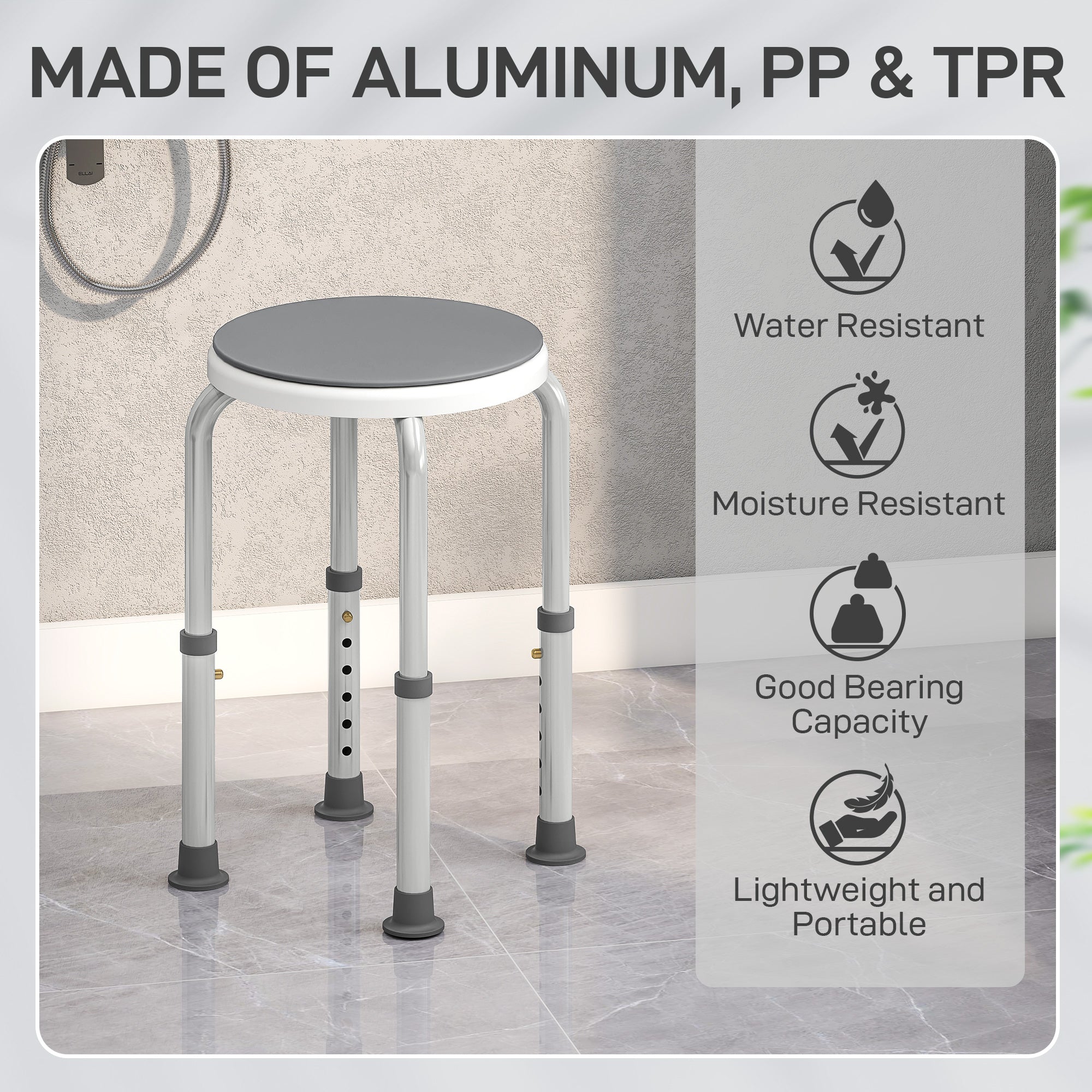 HOMCOM 360° Swivel Shower Chair, Height Adjustable Aluminium Shower Stool with Non-Slip Feet for Disabled, Elderly, Grey