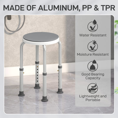 HOMCOM 360° Swivel Shower Chair, Height Adjustable Aluminium Shower Stool with Non-Slip Feet for Disabled, Elderly, Grey 