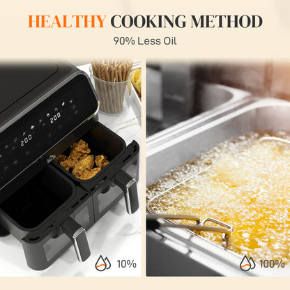 HOMCOM 8L Dual Basket Air Fryer, 80-200\'e2\'84\'83, with Sync Function - Black/Silver