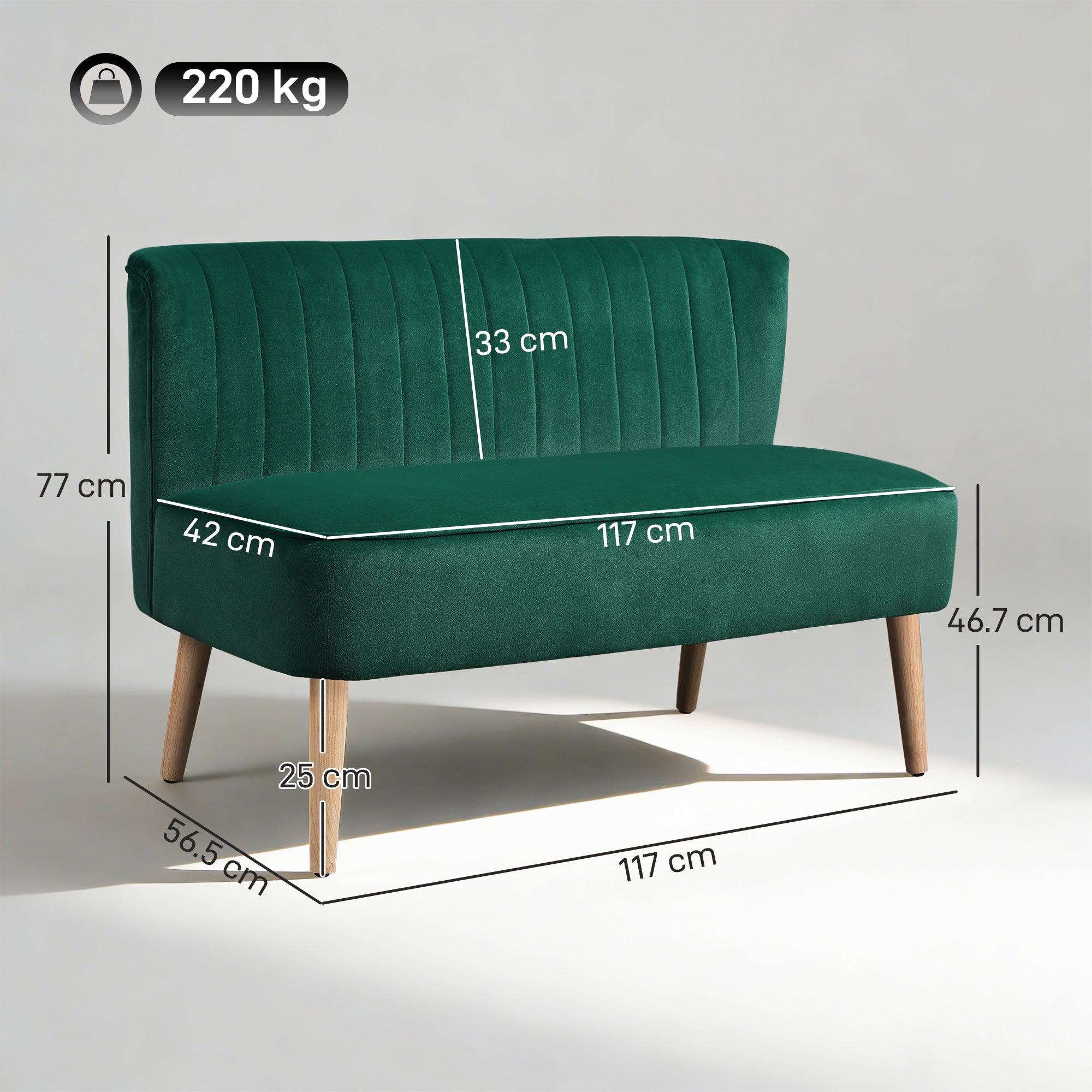 HOMCOM 117cm Loveseat Sofa Upholstered Small 2 Seater Sofa  with Thick Padded Seat and Rubber Wood Legs, Dark Green 