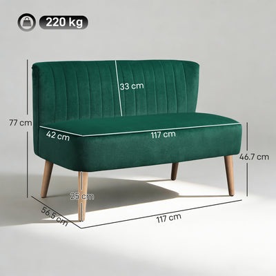 HOMCOM 117cm Loveseat Sofa Upholstered Small 2 Seater Sofa  with Thick Padded Seat and Rubber Wood Legs, Dark Green 