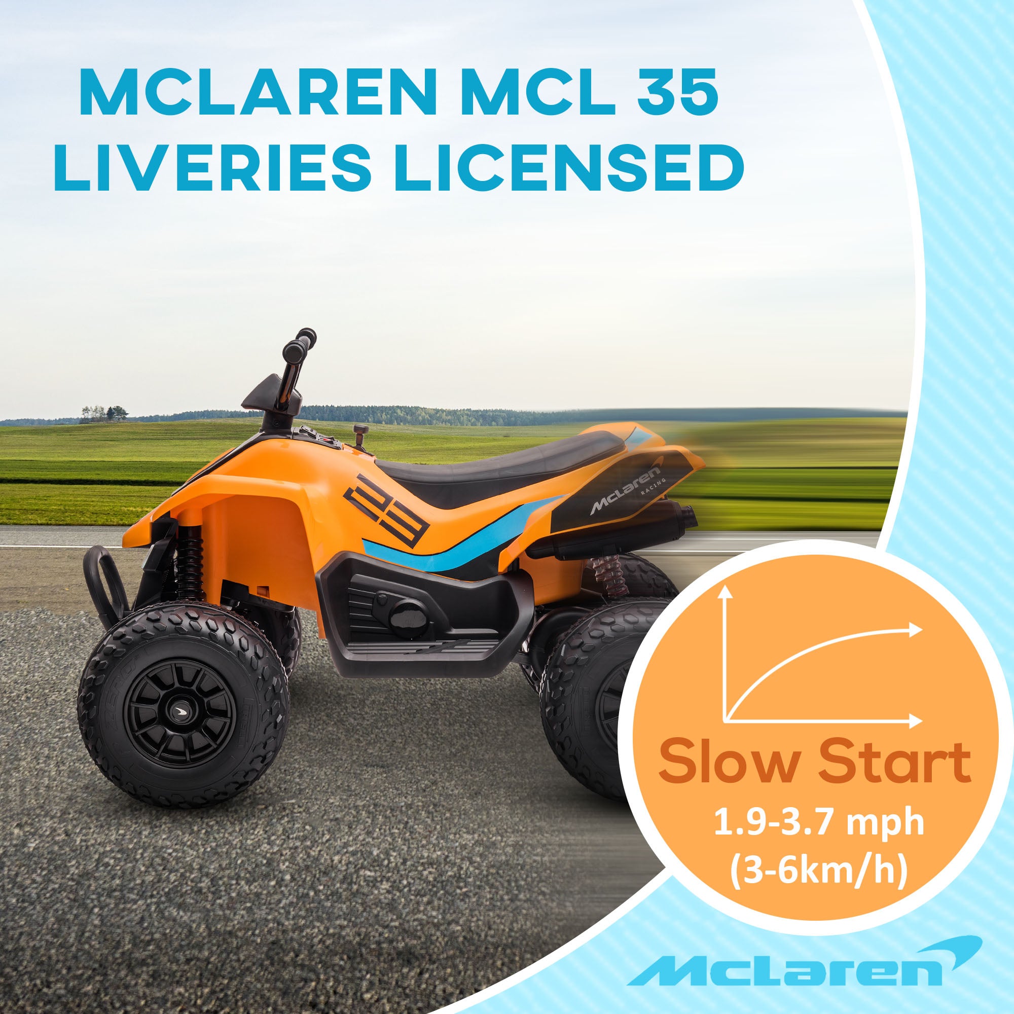 HOMCOM McLaren Licensed 12V Quad Bike, with Music, Headlights, MP3 Slot, Suspension Wheels, for Ages 3-8 Years - Orange 