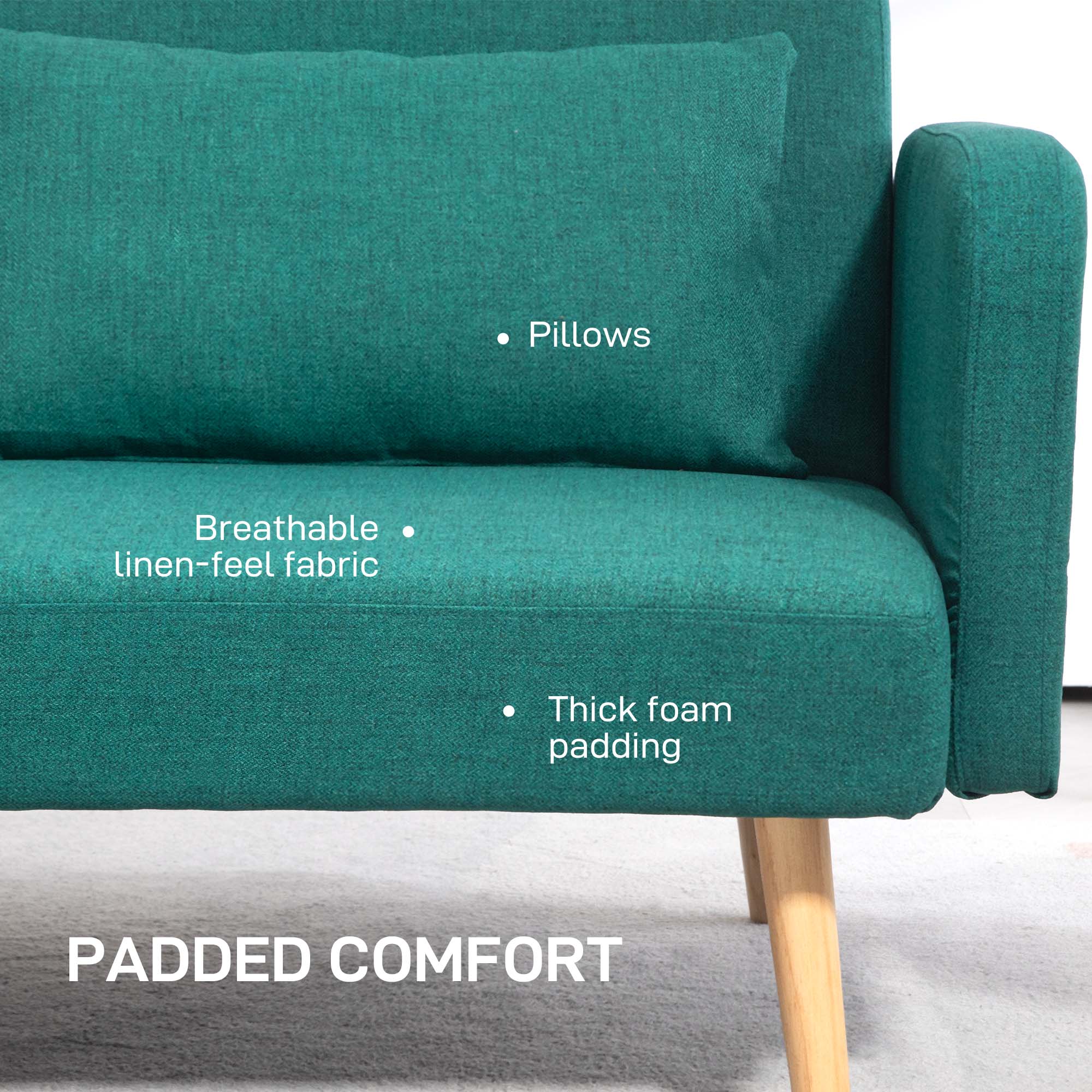HOMCOM 2/3 Seater Sofa Bed, Convertible Bed Settee, Fabric Sofa Couch with 2 Cushions for Living Room, Guest Room, Green 