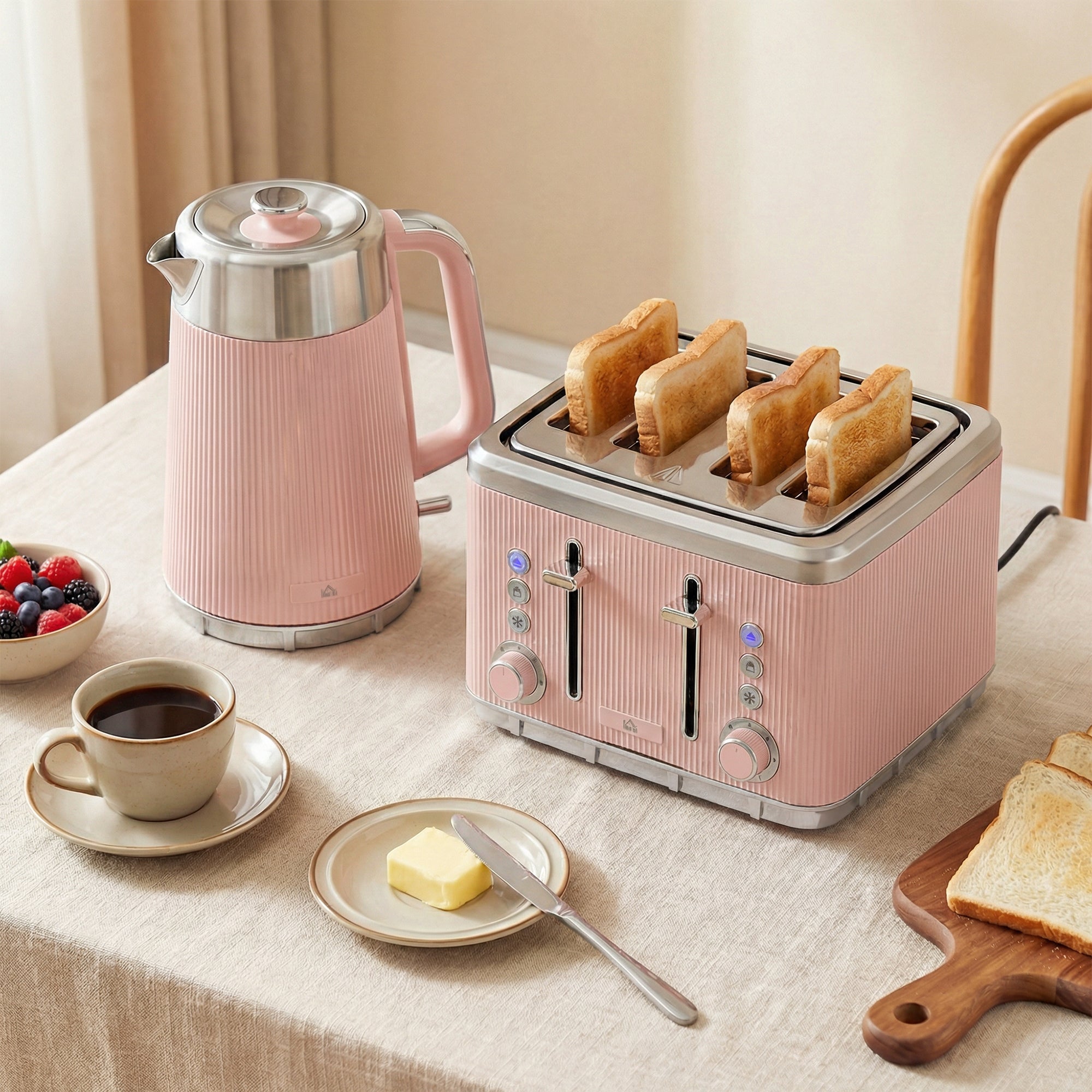 HOMCOM Electric Stainless Steel Kettle and Toaster Set, 3000W 1.7L UK Strix Thermostat Fast Boil Kettle Pink 