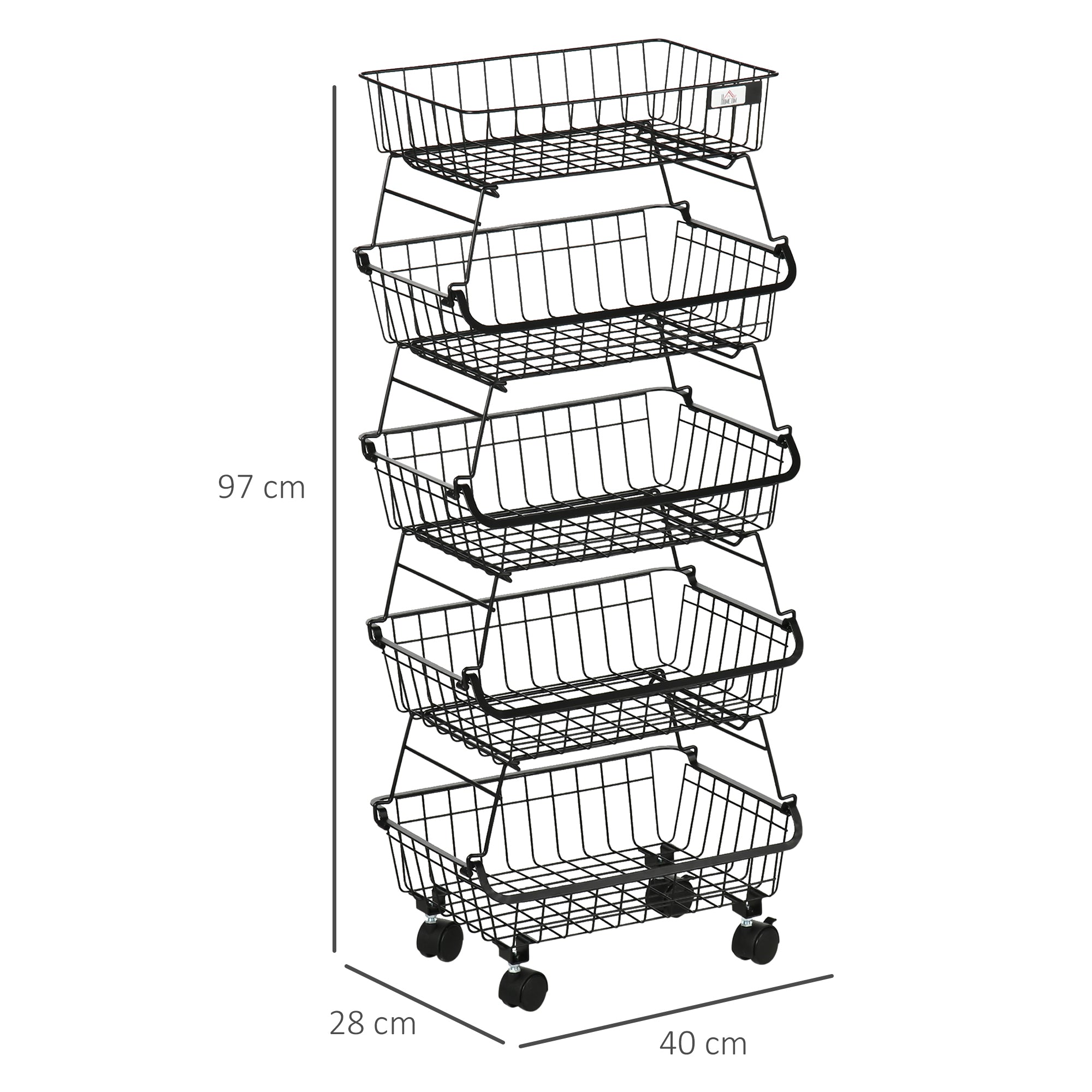 HOMCOM 5 Tier Storage Trolley, Stackable Fruit Vegetable Cart for Kitchen, Living Room, 40 x 2 x 97 cm, Black 