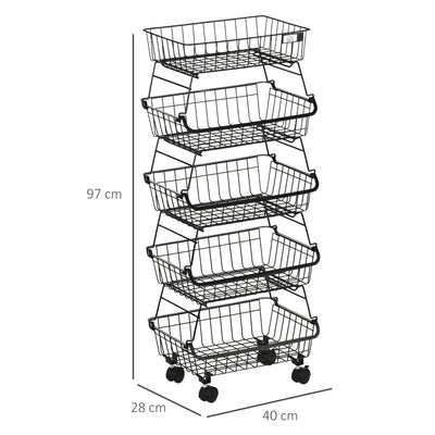 HOMCOM 5 Tier Storage Trolley, Stackable Fruit Vegetable Cart for Kitchen, Living Room, 40 x 2 x 97 cm, Black 