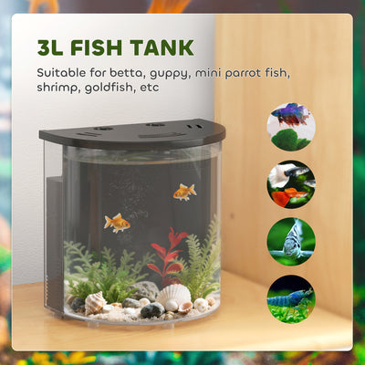 PawHut 3L Small Fish Tank with Filter System, LED Light, Small Fish Tank for Betta, Goldfish, Shrimp, Black 