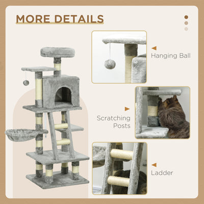 PawHut 132cm Cat Tree with Scratching Post, House, Hammock, Toy Balls - Grey 