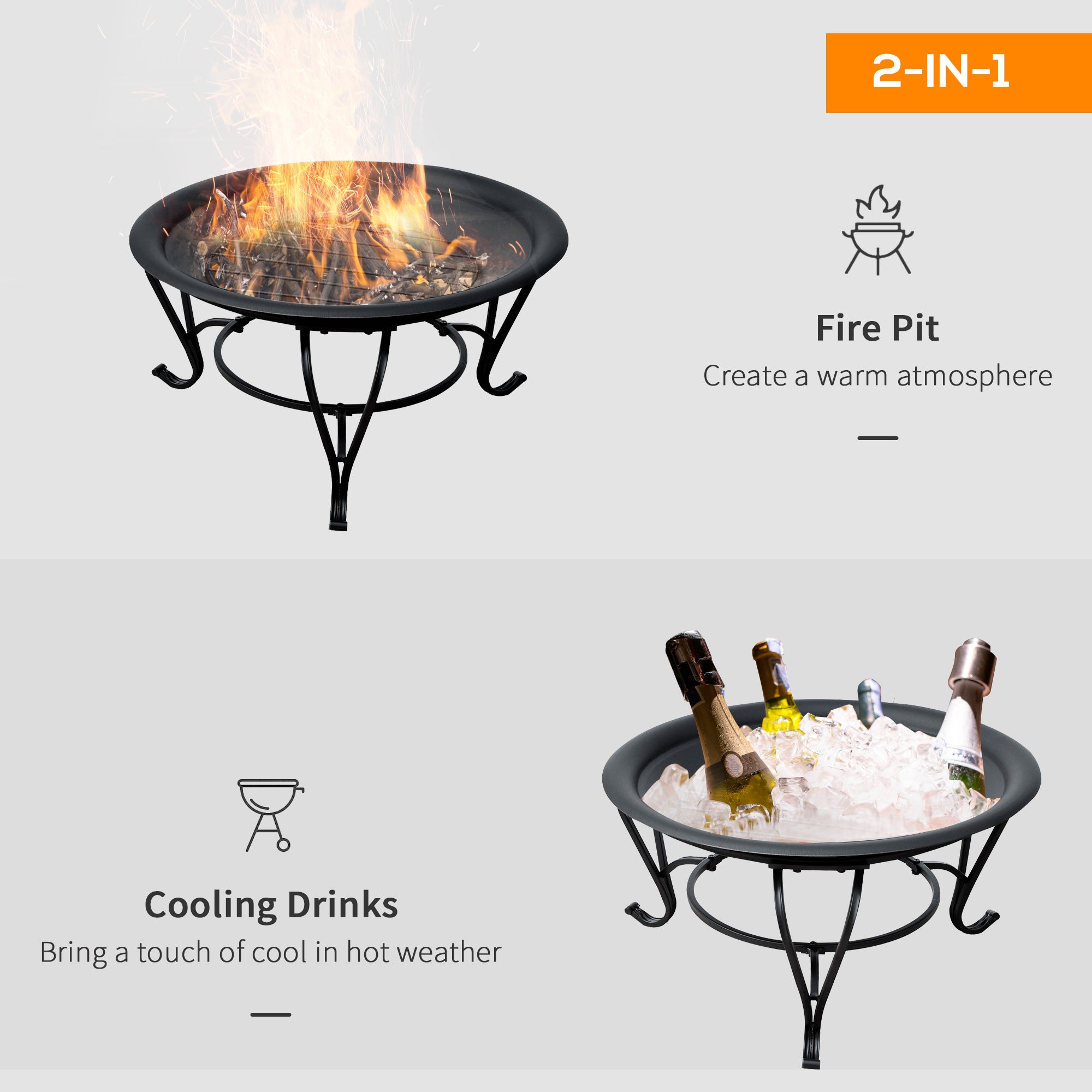 Outsunny Metal Firepit Bowl Outdoor Round Fire Pit w/ Lid, Log Grate, Poker for Backyard, Camping, BBQ, Bonfire, Wood Burning Stove, 56 x 56 x 45cm, Black 