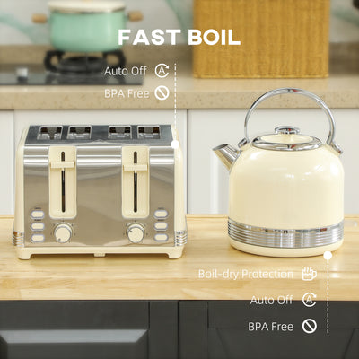 HOMCOM Polished Metal Kettle and Toaster Set - Cream 