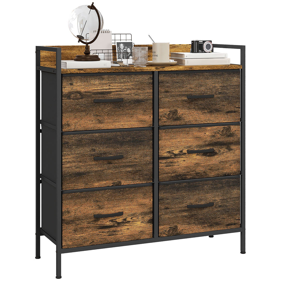 HOMCOM Rustic Chest of Six Fabric Drawers - Rustic Brown 