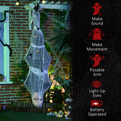 HOMCOM 4.7ft Life Size Outdoor Halloween Decoration Hanging Mummy with Spider Web, Animated Prop Decor with Sound and Motion Activated, Light Up Eyes, Howling Sound, Posable Arms, Moving Body