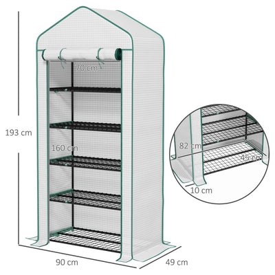 Outsunny 5 Tier Widened Mini Greenhouse with Reinforced PE Cover, Portable Indoor Outdoor Green House with Roll-up Door and Wire Shelves, 193H x 90W x 49Dcm, White 