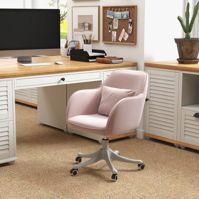 Vinsetto Velvet Office Chair, Desk Chair, Makeup Vanity Chair with Massage Lumbar Pillow and Rolling Wheels for Bedroom and Home, Pink 