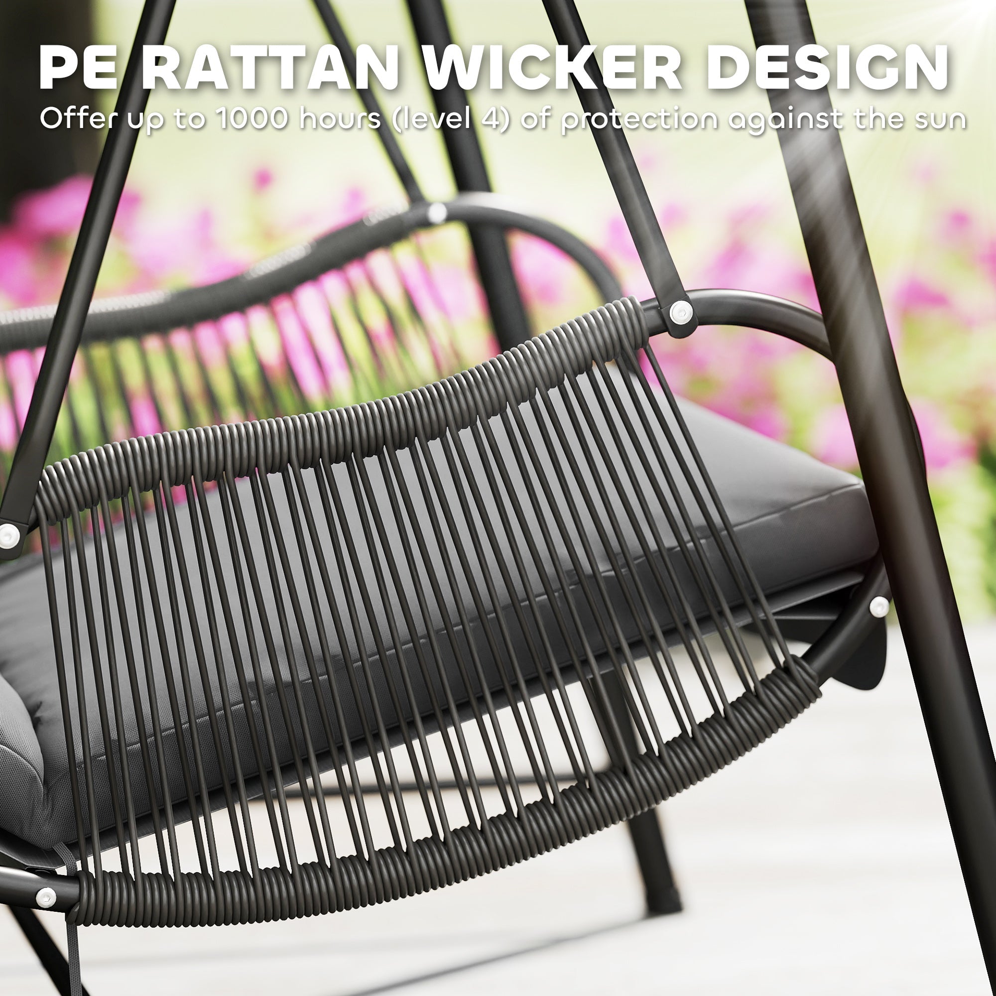 Outsunny Rattan Swing Chair, Outdoor Garden Hanging Swing Seat with Stand and Seat Cushion, Porch Hanging Chair for Balcony, Garden, Deck, Dark Grey 