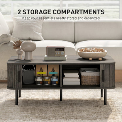 HOMCOM Coffee Table with Storage, Living Room Table with Slatted Tambour Sliding Doors and Foot Pads, Rectangular Coffee Table with Elevated Base for Living Room, Grey Wood-Effect
