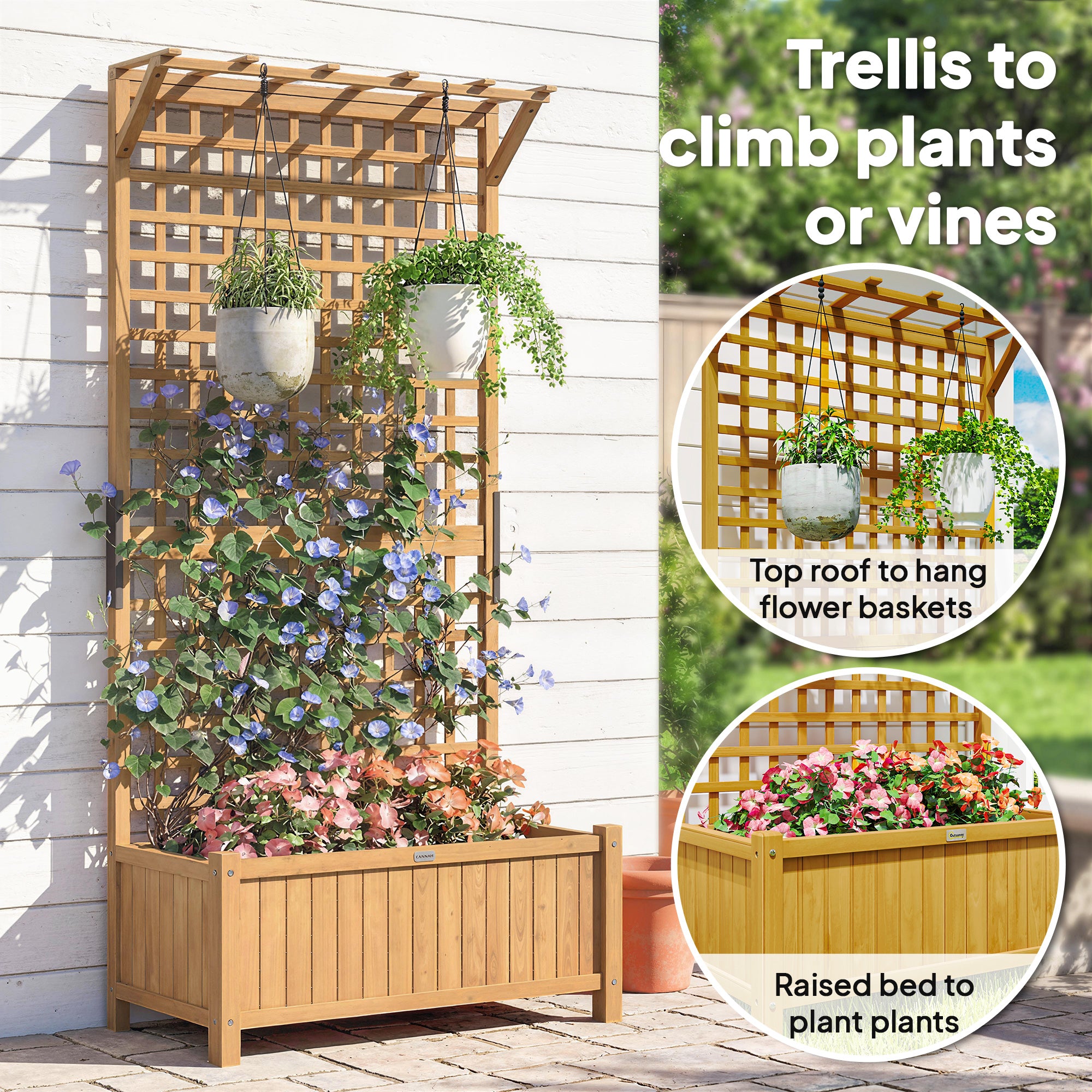 Outsunny Raised Bed with Drainage Holes, Wood Planter with Trellis for Climbing Plants to Grow Vegetables, Flowers, Yellow 
