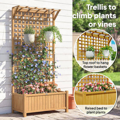 Outsunny Raised Bed with Drainage Holes, Wood Planter with Trellis for Climbing Plants to Grow Vegetables, Flowers, Yellow 