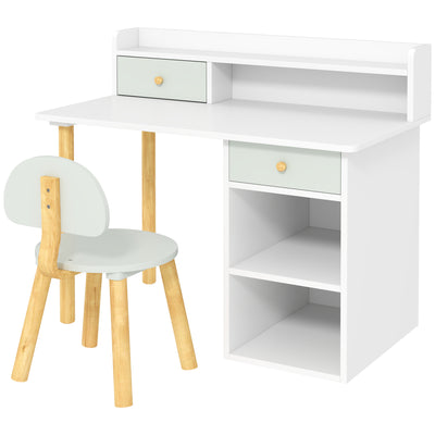 AIYAPLAY Two-Piece Children Study Table with Hutch, Kids Desk and Chair Set with Storage, Drawer, Shelves, Green 