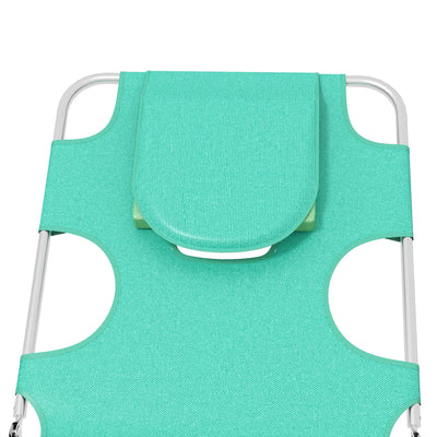 Outsunny Foldable Sun Lounger Set of 2 with Reading Hole, Portable Sun Lounger with 5 Level Adjustable Backrest, Reclining Lounge Chair with Side Pocket, Headrest Pillow, Green 