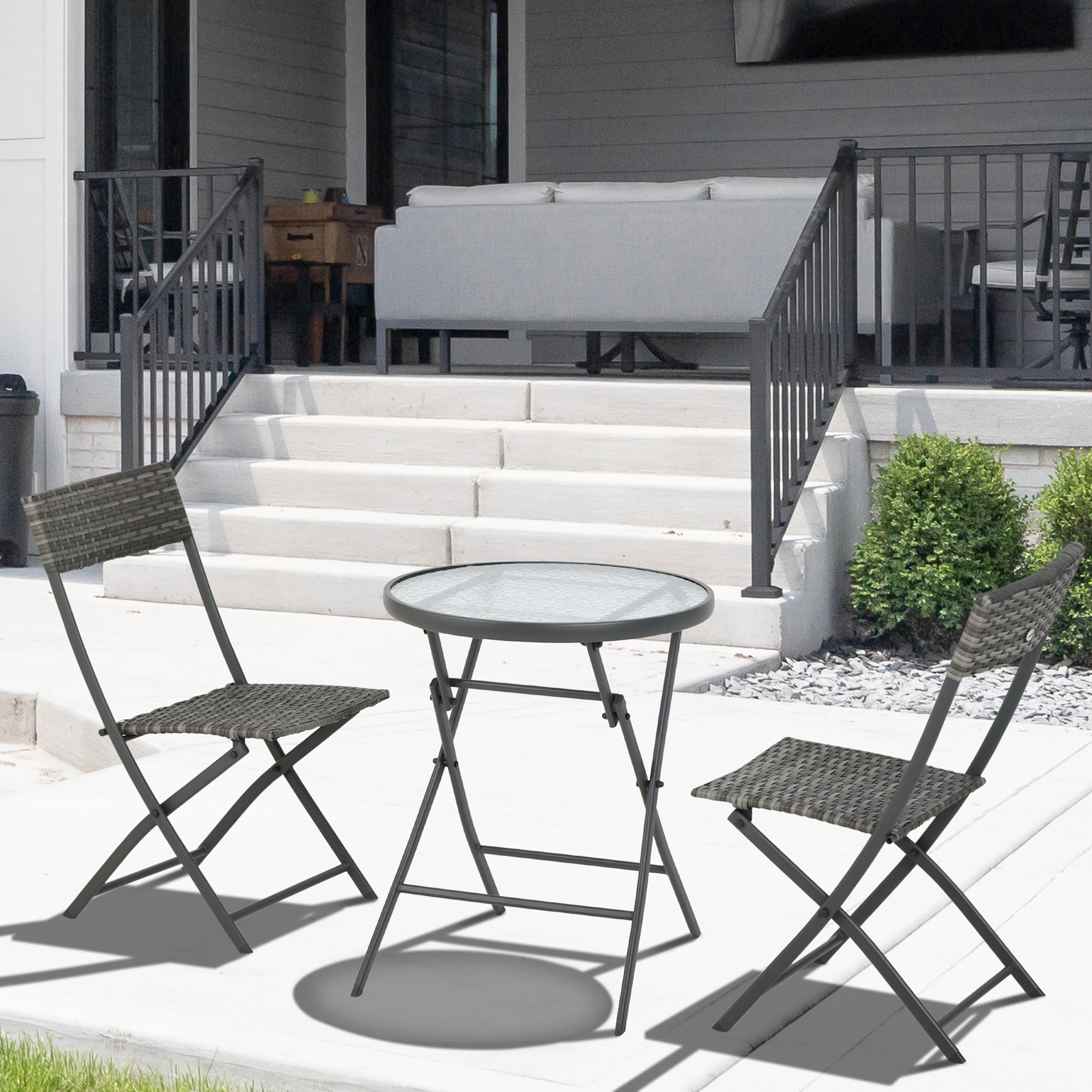 Outsunny 3 Pieces Rattan Bistro Set, Wicker Folding Garden Furniture Set with Glass Top Coffee Table and Chairs for Outdoor, Patio, Balcony, Grey 