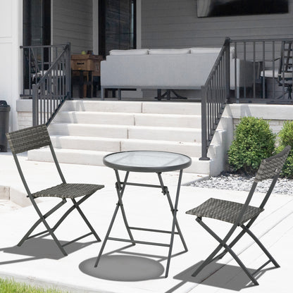 Outsunny 3 Pieces Rattan Bistro Set, Wicker Folding Garden Furniture Set with Glass Top Coffee Table and Chairs for Outdoor, Patio, Balcony, Grey 