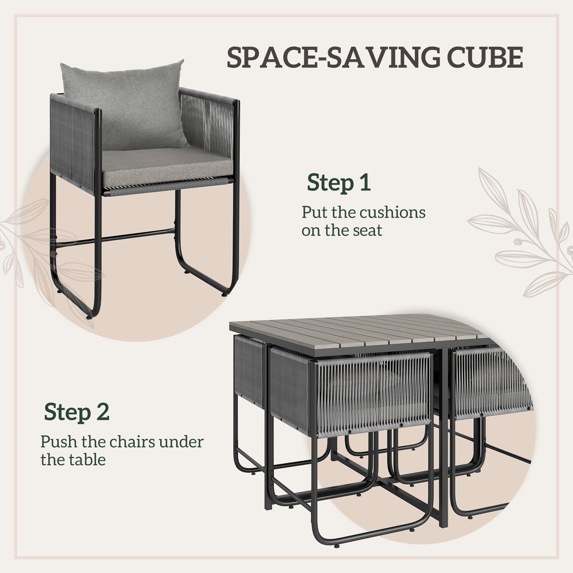 Outsunny 4 Seater Rattan Cube Garden Furniture Set, Rattan Dining Set with Cushions, Outdoor Dining Table and Chairs with Rectangular Wood Grain Plastic Top Table for Patio, Balcony, Grey 
