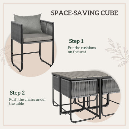 Outsunny 4 Seater Rattan Cube Garden Furniture Set, Rattan Dining Set with Cushions, Outdoor Dining Table and Chairs with Rectangular Wood Grain Plastic Top Table for Patio, Balcony, Grey 