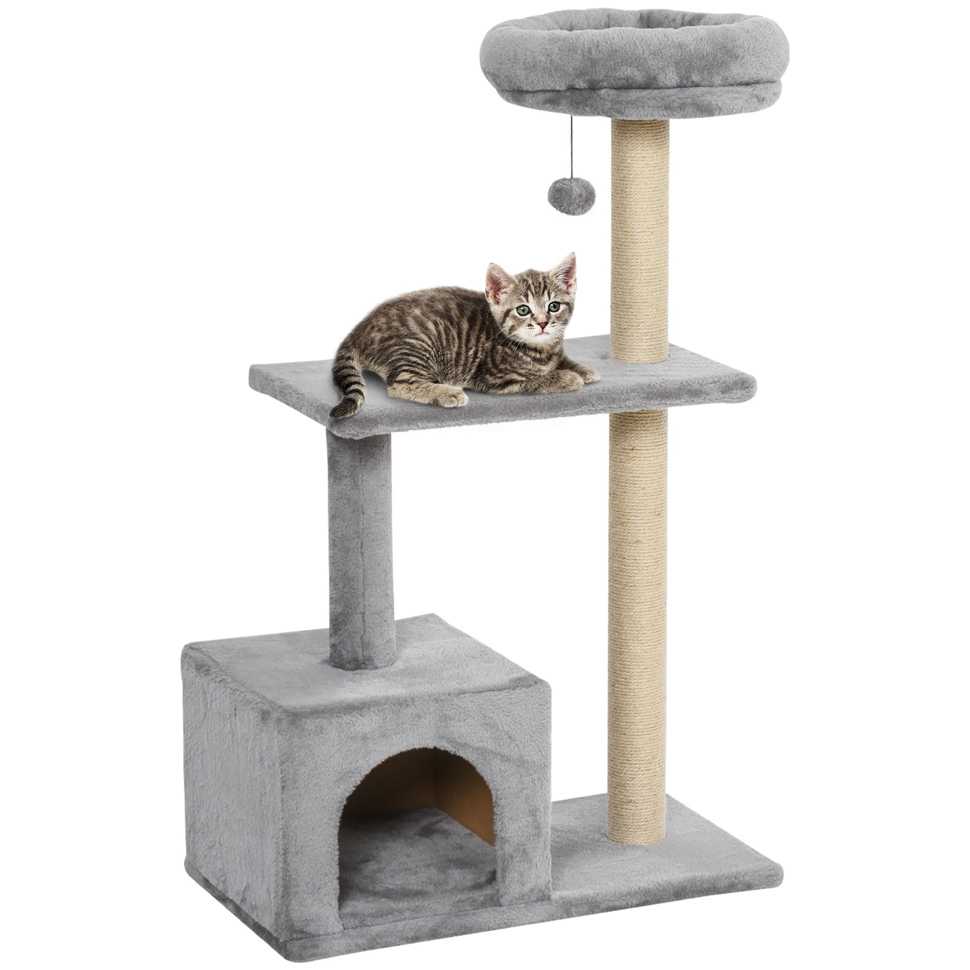 PawHut 96cm Cat Tree for Indoor Cats Condo Sisal Scratching Post Cat Tower Kitten Play House Dangling Ball Activity Center Furniture Grey 