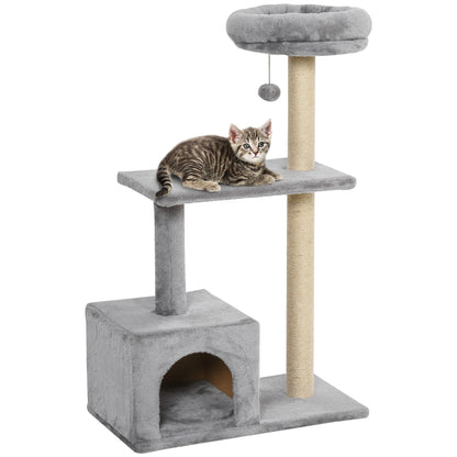 PawHut 96cm Cat Tree for Indoor Cats Condo Sisal Scratching Post Cat Tower Kitten Play House Dangling Ball Activity Center Furniture Grey 
