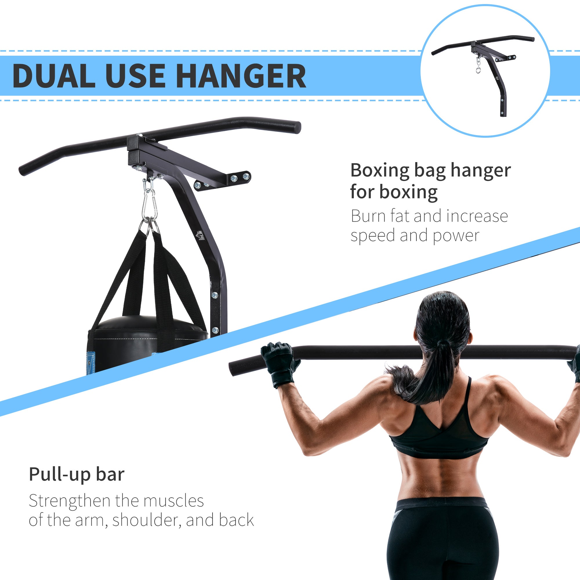 HOMCOM Punching Bag Hanger Wall Mount Bracket Kick Boxing MMA Training Frame Home Fitness Workout Pull Up Bar, Black 
