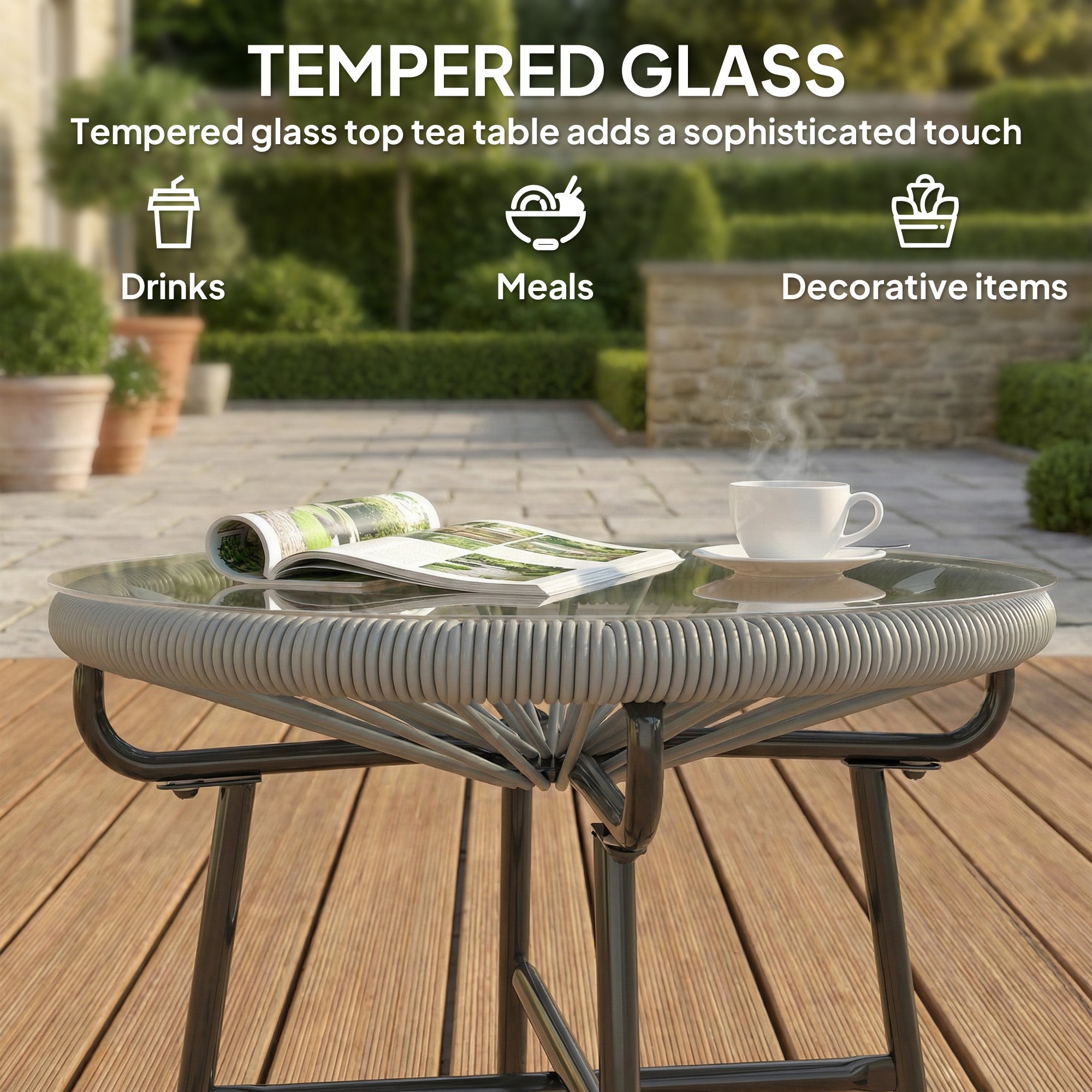 Outsunny Rattan Side Table, Round Outdoor Coffee Table, with Round PE Rattan and Tempered Glass Tabletop, Light Grey 