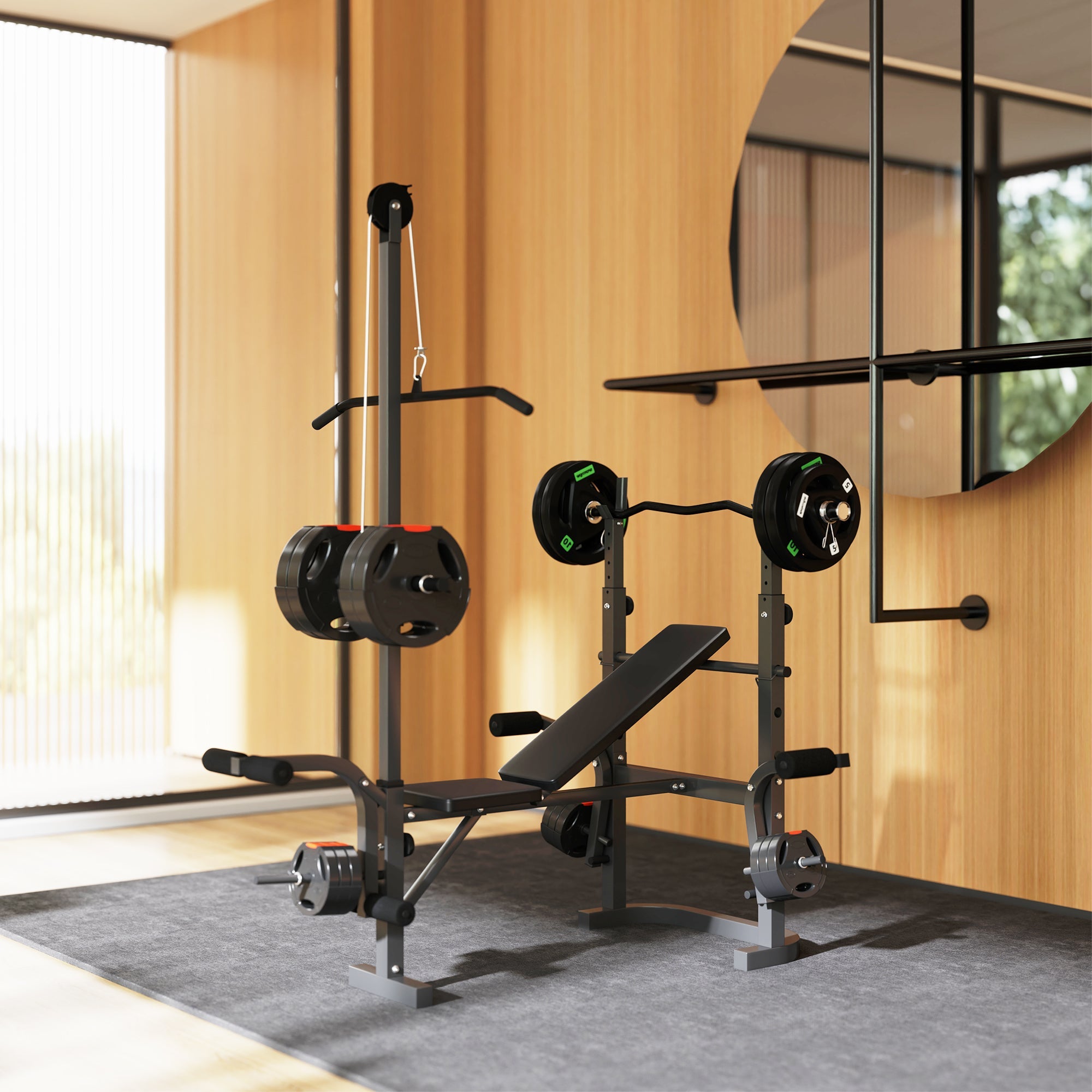 SPORTNOW Adjustable Weight Bench with Bench Press Rack, Preacher Curl Bench, Leg Extension and Lat Pull Down Machine, Incline or Flat Workout Bench for Home Gym Strength Training Weight Lifting 